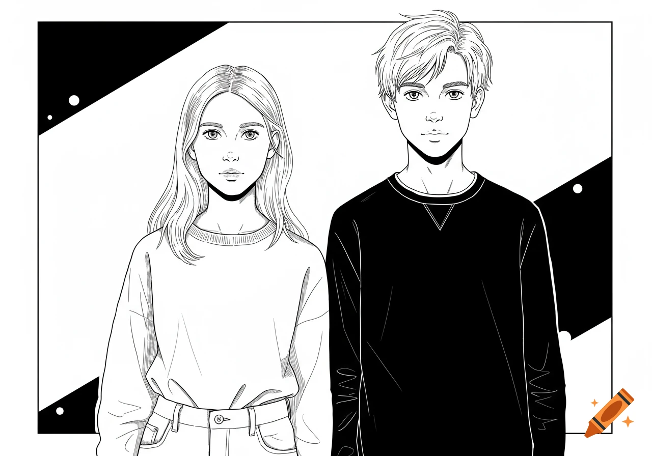 Black and white line art illustration of a teenage boy and girl standing side by side.