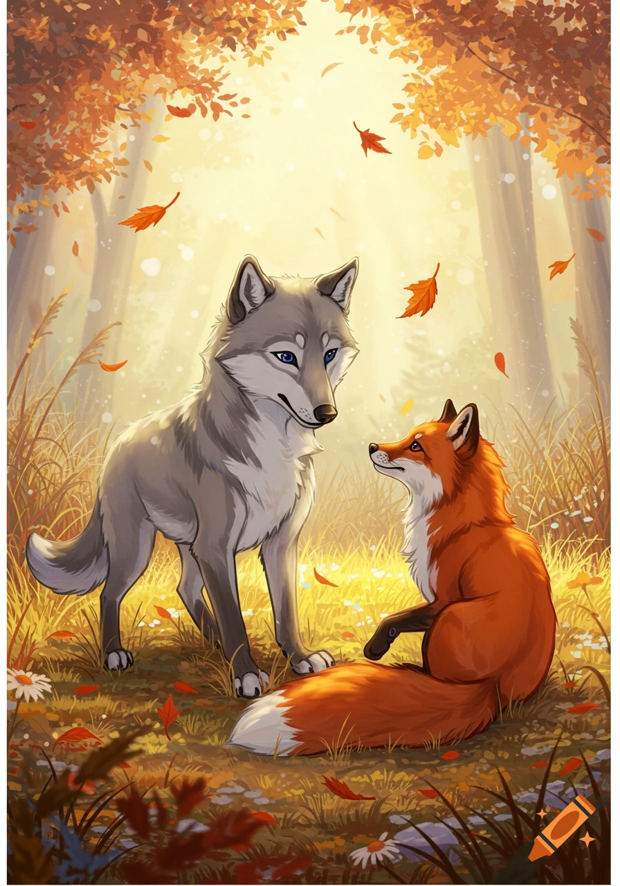A stylized illustration of a gray wolf standing and an orange fox sitting, looking at each other in a glowing autumn forest with falling leaves.