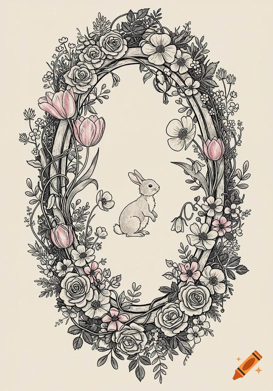 A whimsical line art illustration of a small bunny inside an oval frame, adorned with roses, tulips, and wildflowers with pink accents.