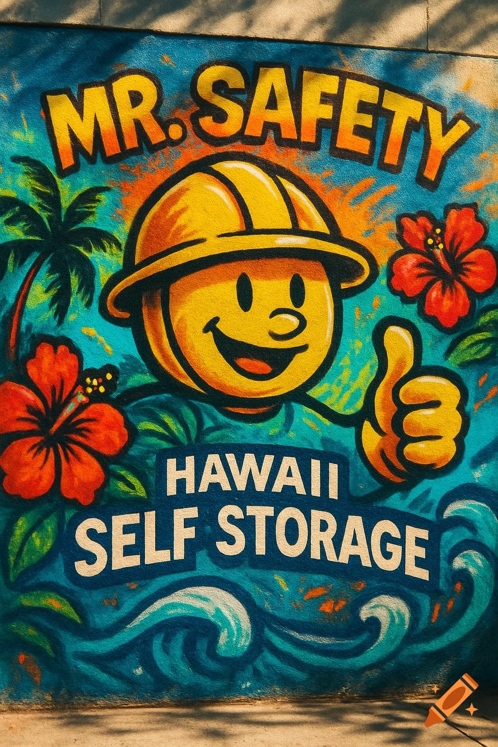 A colorful graffiti mural featuring a smiling mascot in a hard hat giving a thumbs up, with text 'MR. SAFETY HAWAII SELF STORAGE' amidst tropical flowers and palm trees.
