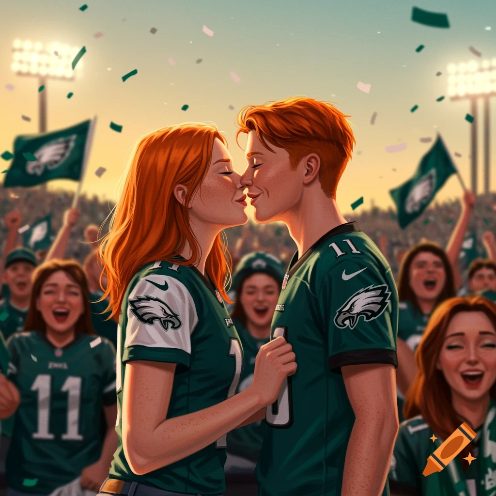 Two ginger-haired Philadelphia Eagles fans wearing jerseys kiss amidst a cheering crowd at a stadium with confetti falling.