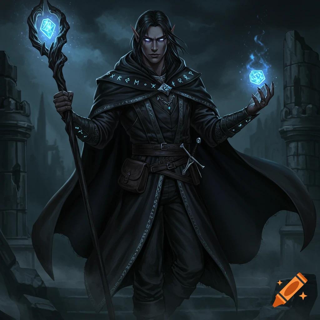 A dark-haired half-elf warlock with glowing purple eyes stands in a ruined castle, holding a glowing staff and a blue magical cube.
