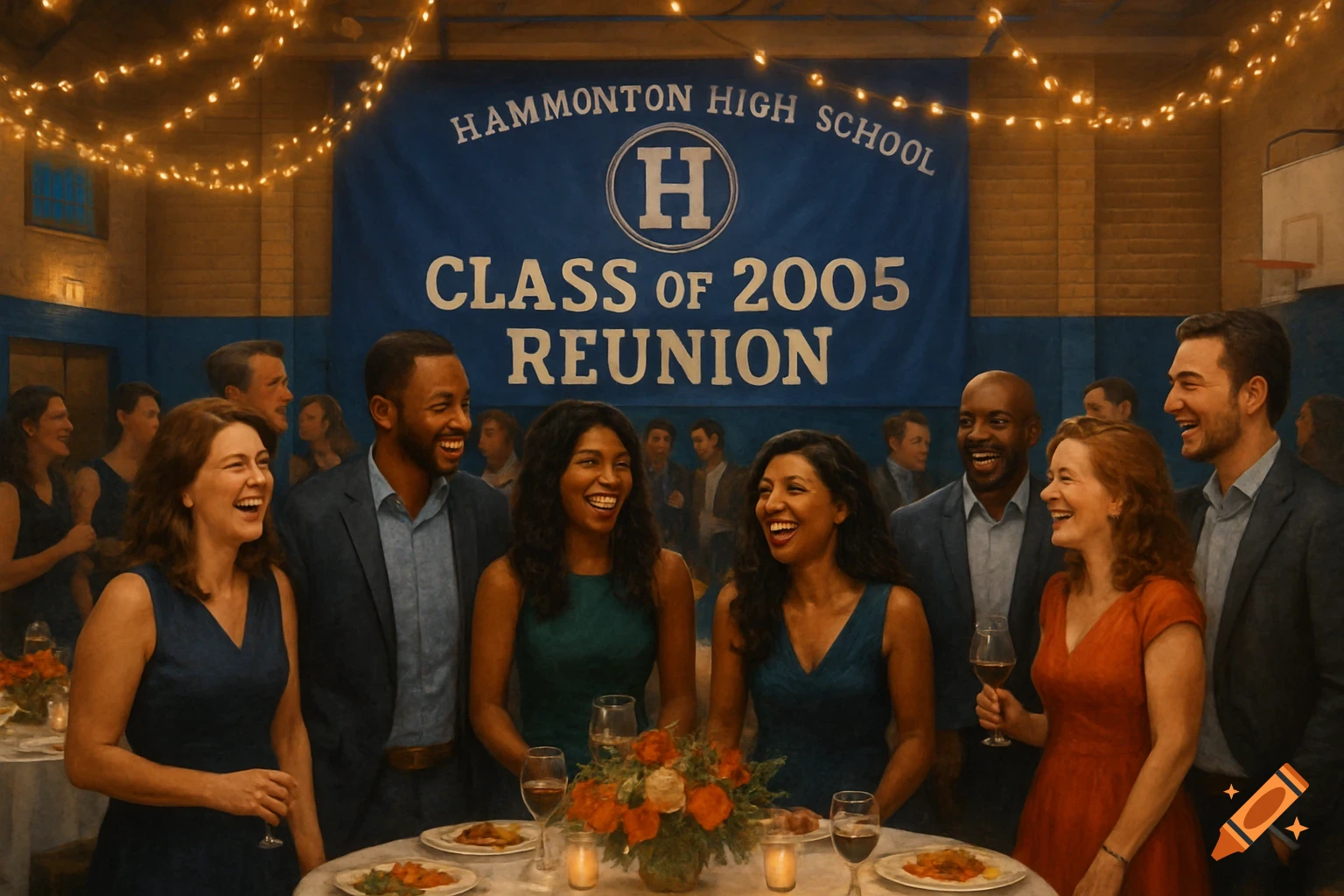 Smiling adults at a Hammonton High School Class of 2005 reunion in a gym with string lights and a banner.