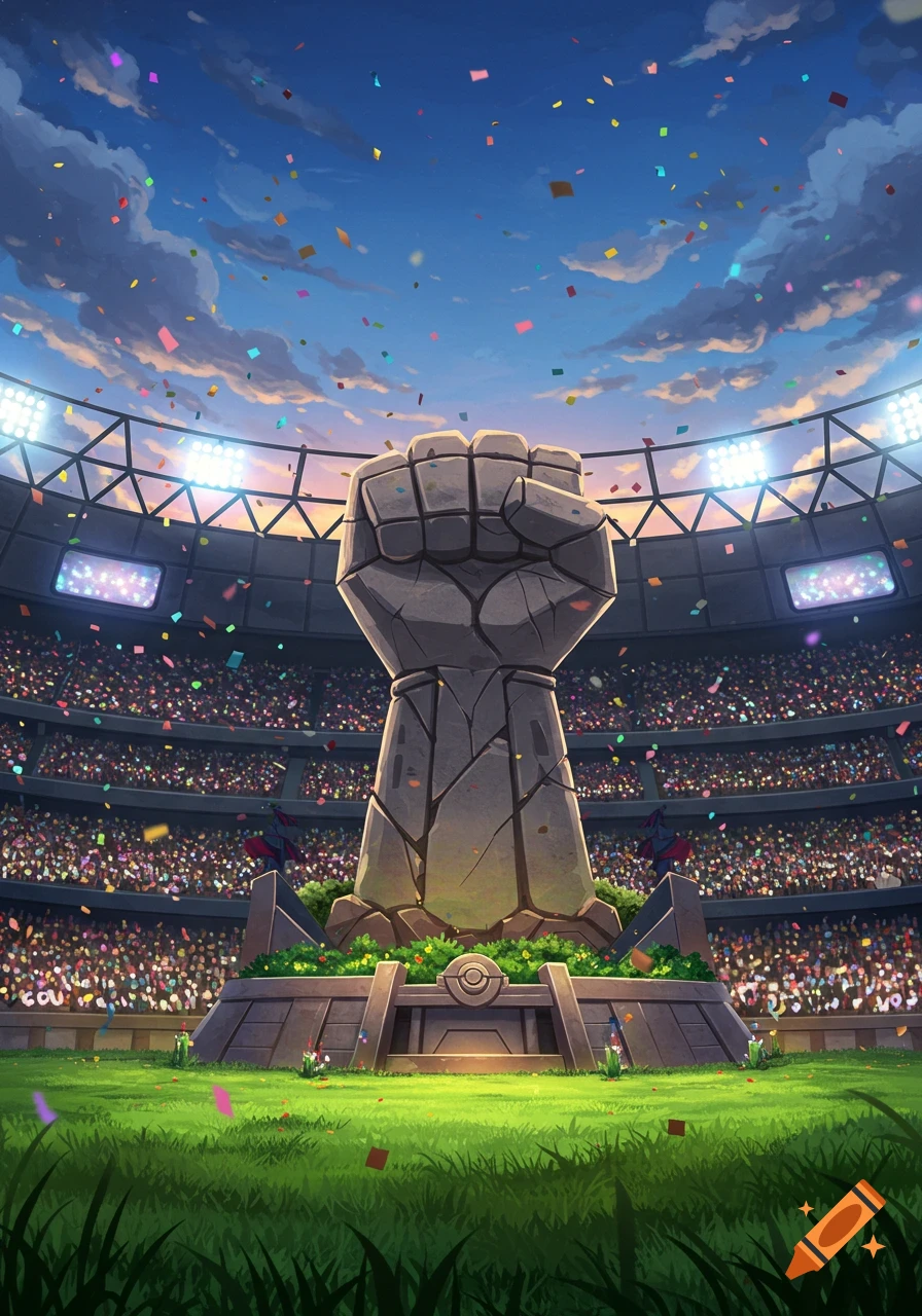 A vibrant, animated-style image of a massive stone fist statue rising from the center of a crowded Pokémon stadium under a sunset sky with confetti.