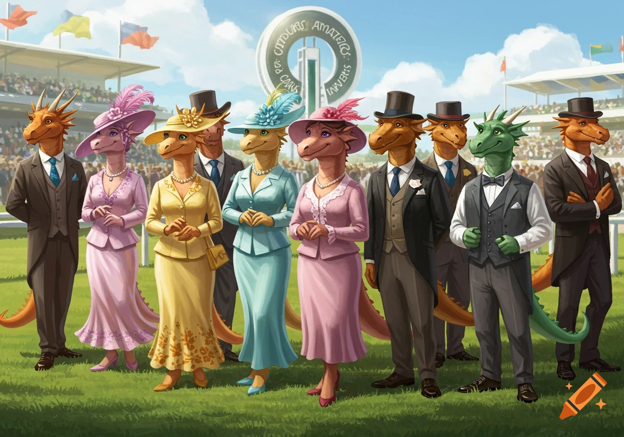 Anthropomorphic dragons in elegant racewear and suits stand on a grassy field at a horse race track.