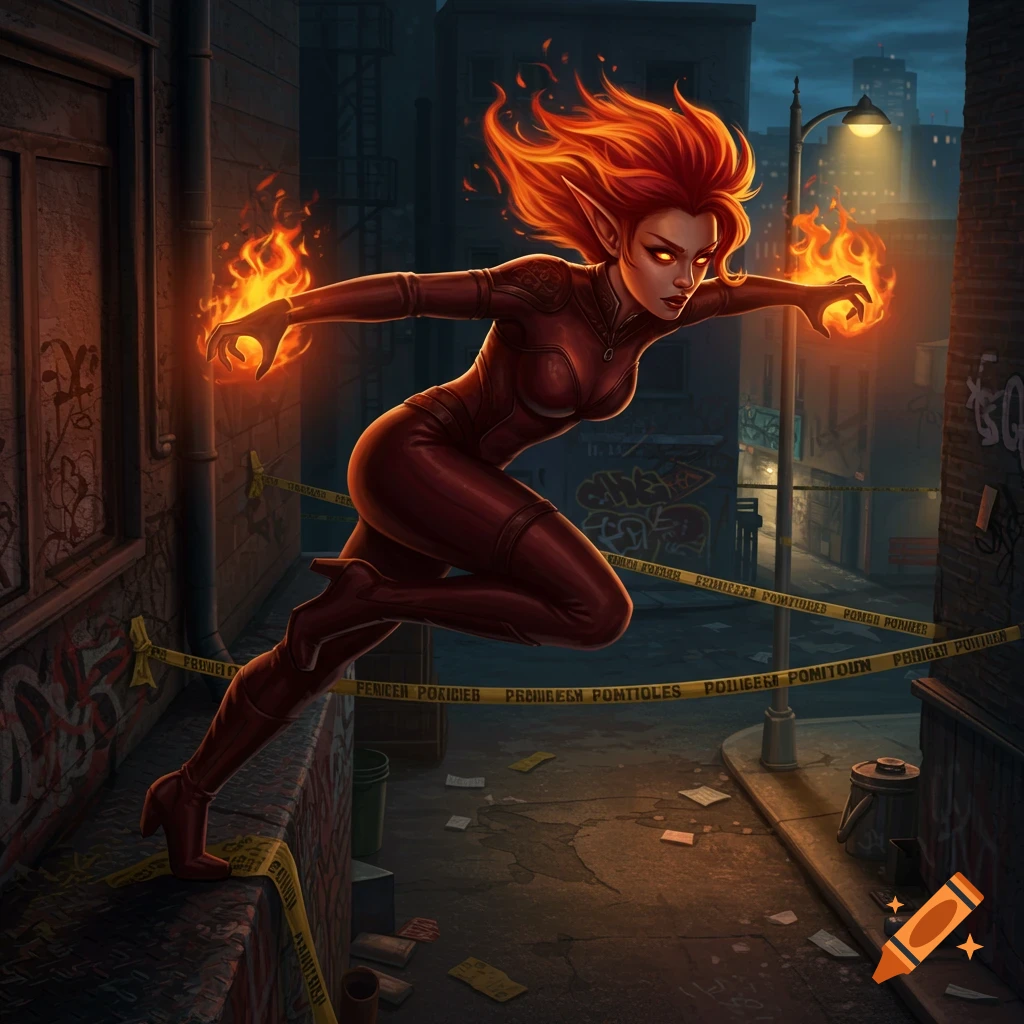 A fire elf girl with glowing eyes and flaming hands leaps through a dark, gritty city alleyway, with caution tape and graffiti.