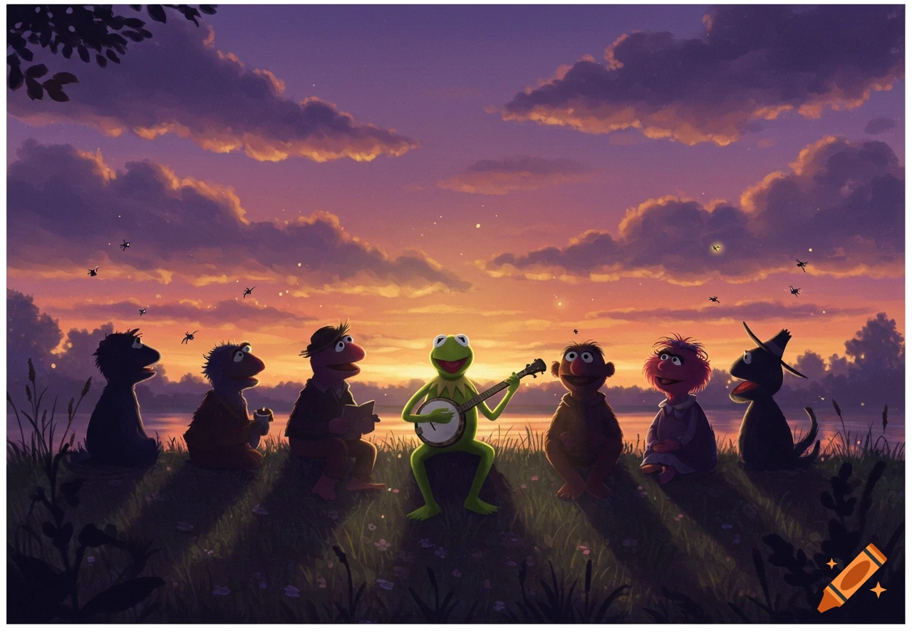 Kermit the Frog plays banjo with other Muppet-like silhouettes watching at sunset in a field by a lake.