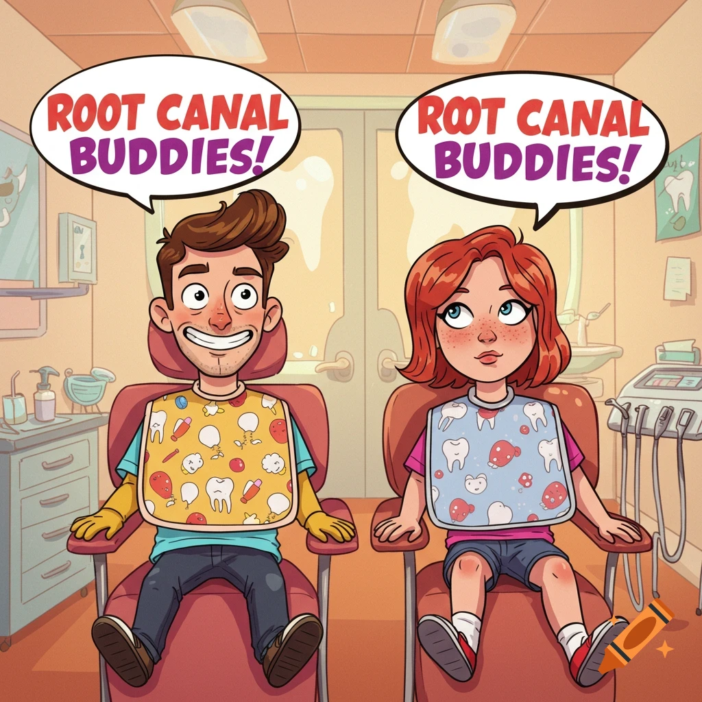 Cartoon man and girl in dentist chairs with bibs, speech bubbles say 'Root Canal Buddies!'