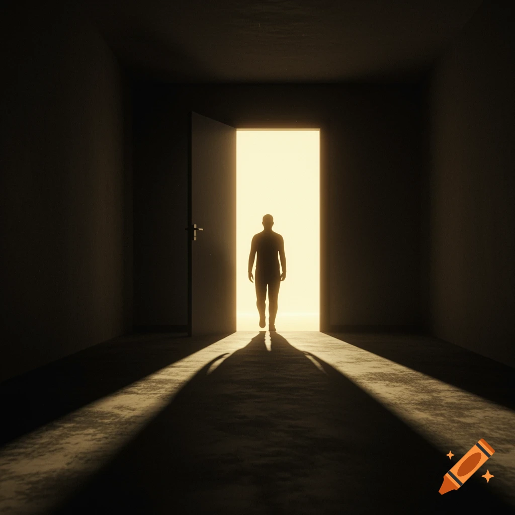 A silhouetted person stands in a brightly lit doorway at the end of a dark, narrow room, casting a long shadow.
