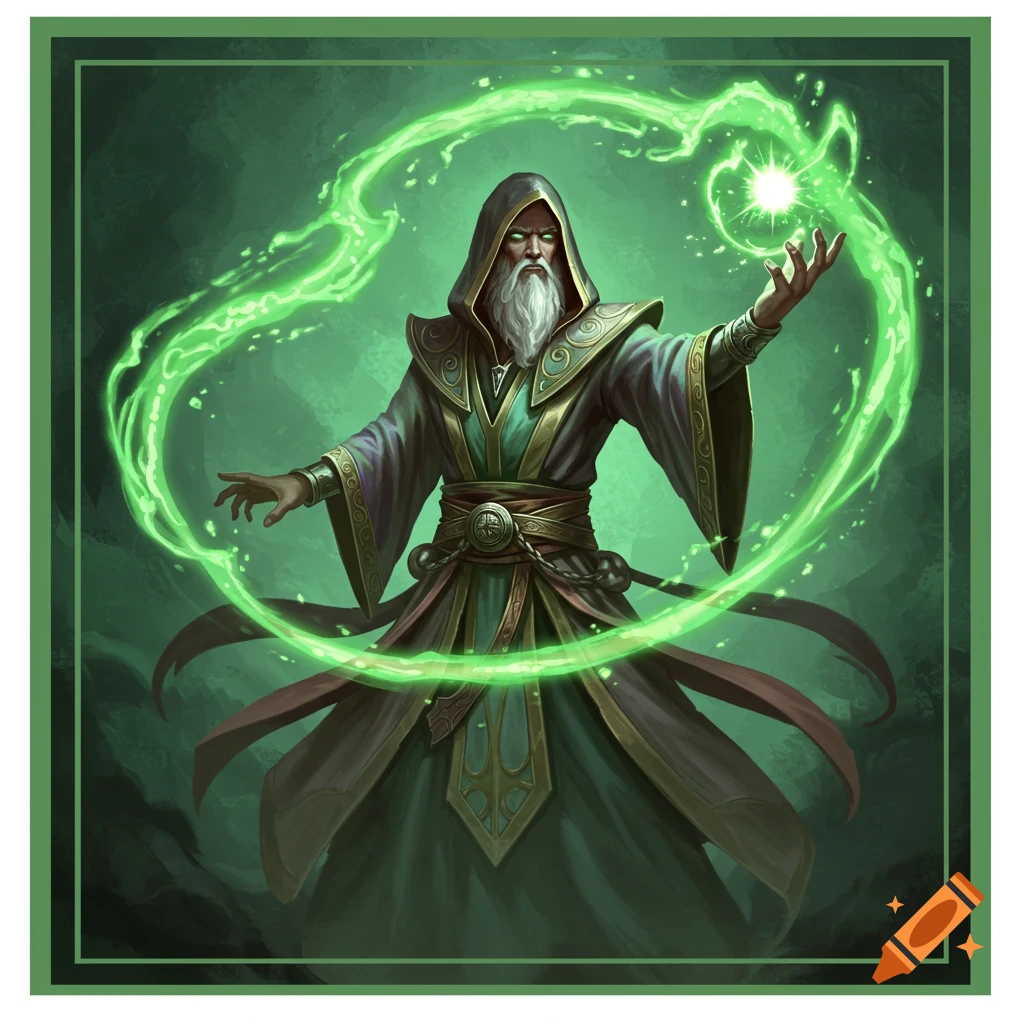 A powerful bearded mage in a hooded robe casts a bright green spell.