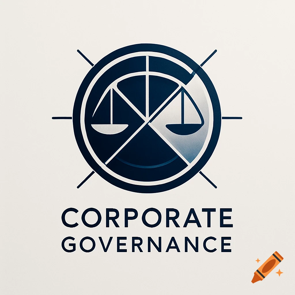 A corporate governance logo featuring a stylized ship's wheel with scales of justice inside, above the text 'CORPORATE GOVERNANCE'.