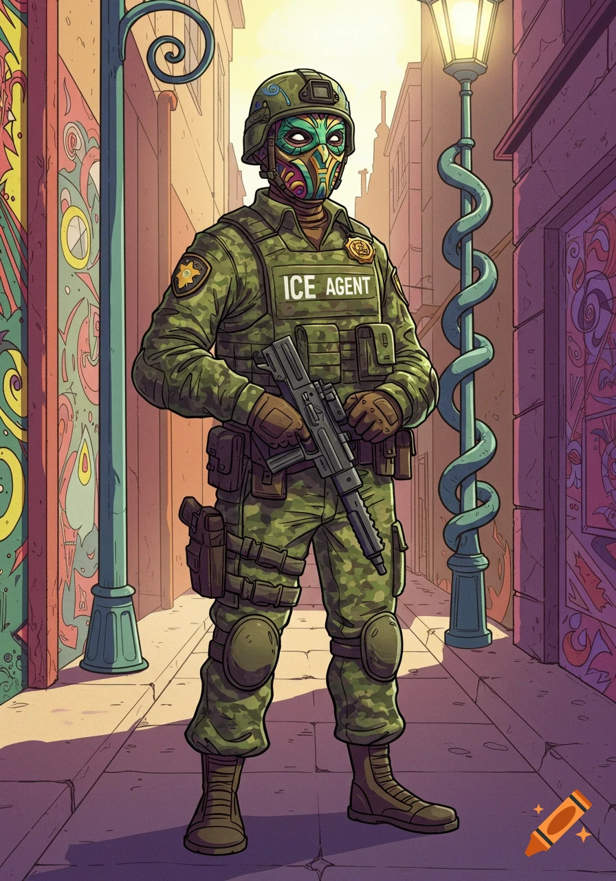 A cartoony illustration of a masked ICE agent officer in a camo uniform holding a weapon on a city street.