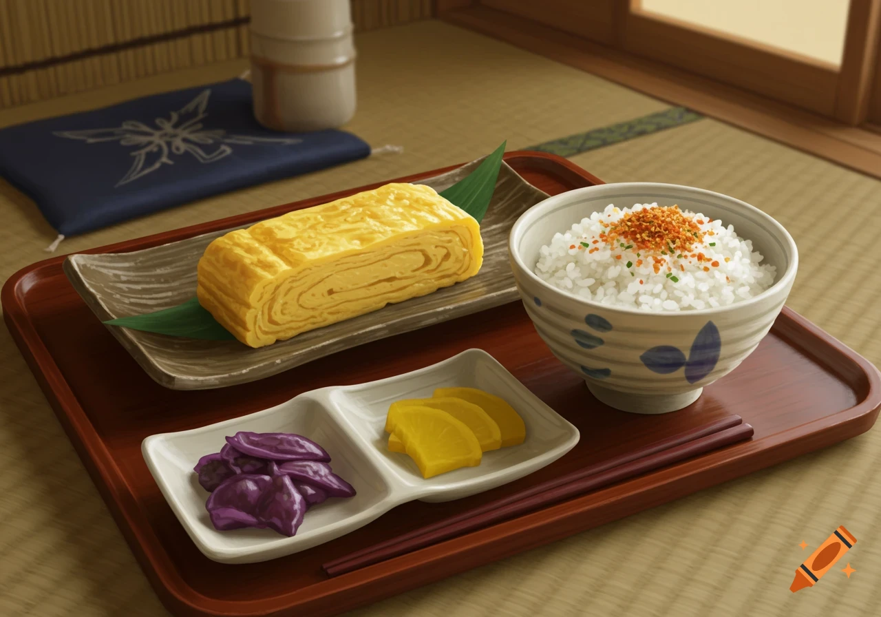 A traditional Japanese meal with a rolled omelet, a bowl of rice with sprinkles, and pickles on a tray, set on a tatami mat.