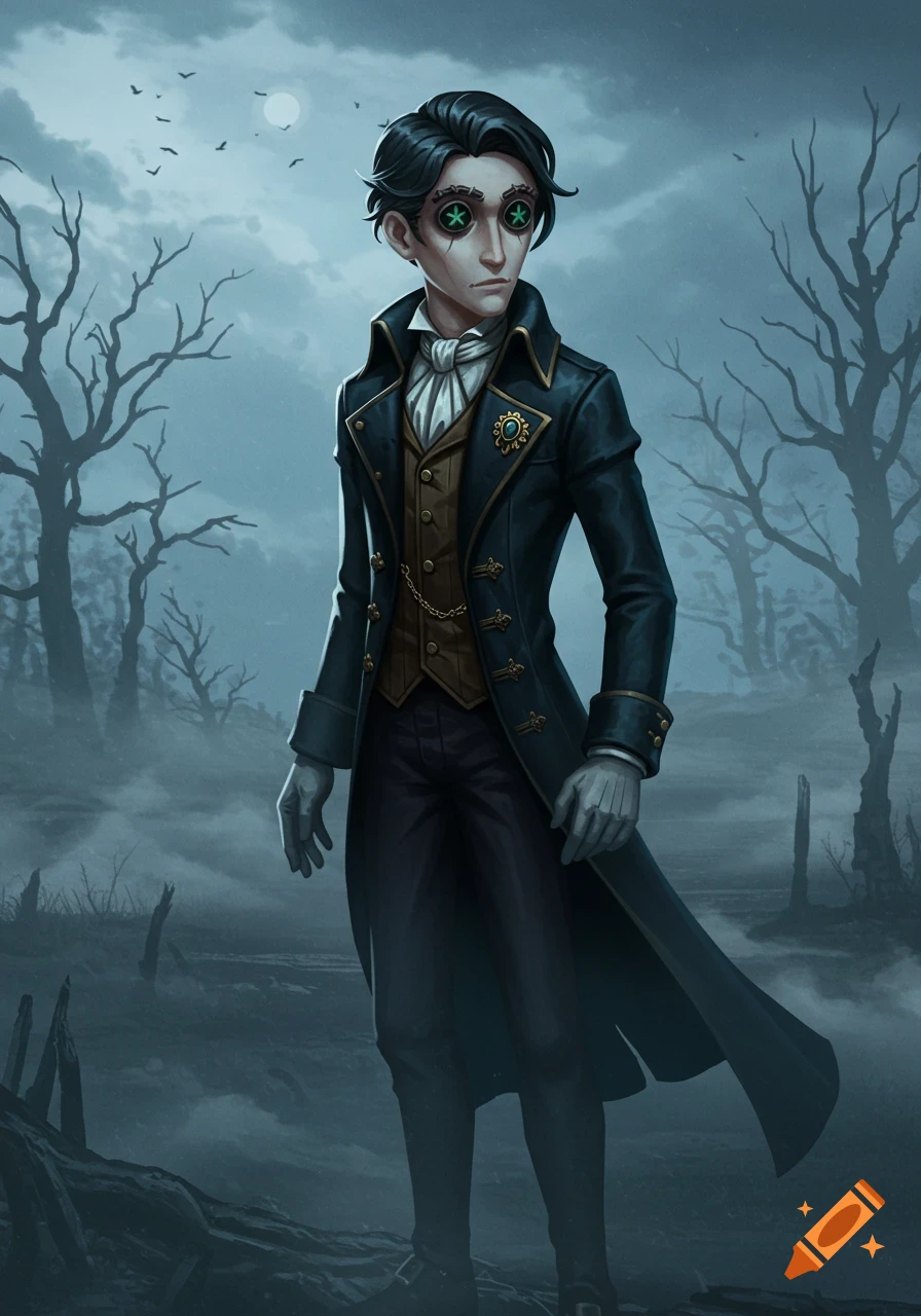 A dark-haired man in a long coat and waistcoat with green button-like eyes stands in a misty, dead forest.