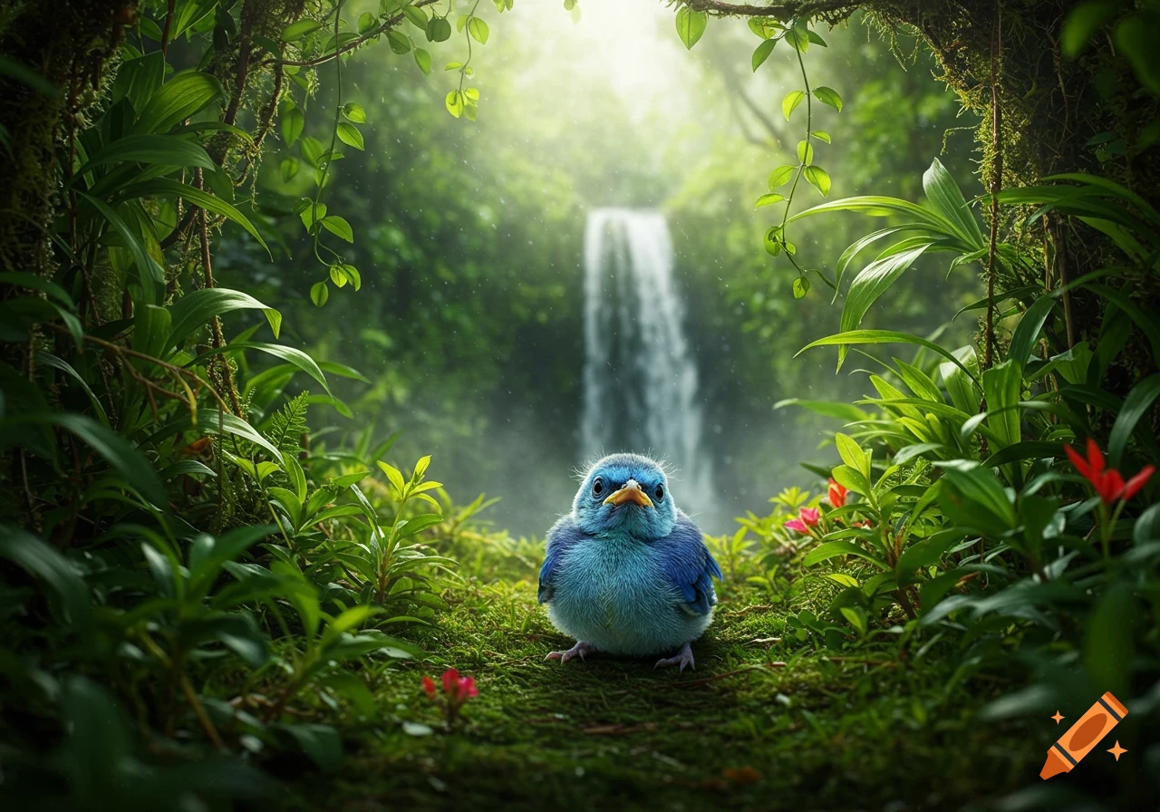 A fluffy blue baby bird sits on moss in a lush, green jungle with a waterfall in the background, photorealistic style.