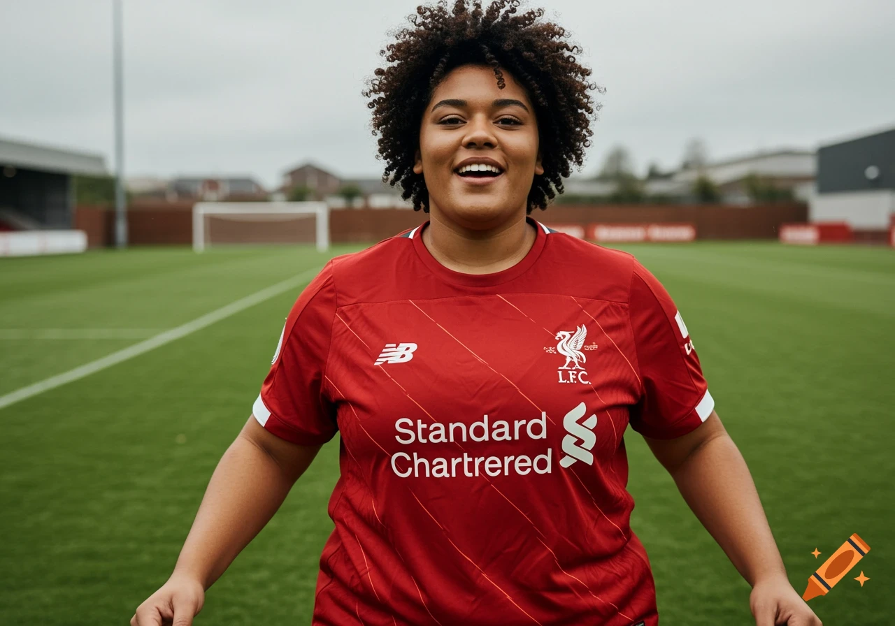 A smiling woman with curly hair in a red Liverpool FC jersey stands on a soccer field.