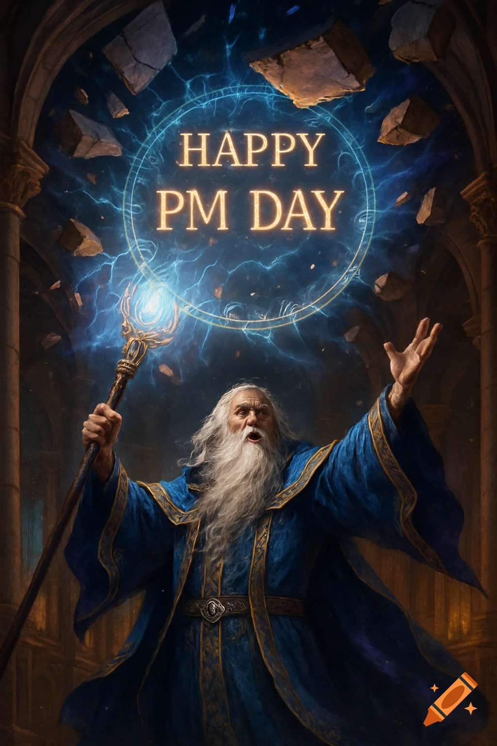 A wizard in a blue robe casts a spell, making rocks float and 'HAPPY PM DAY' appear in a magical circle in an ancient hall.