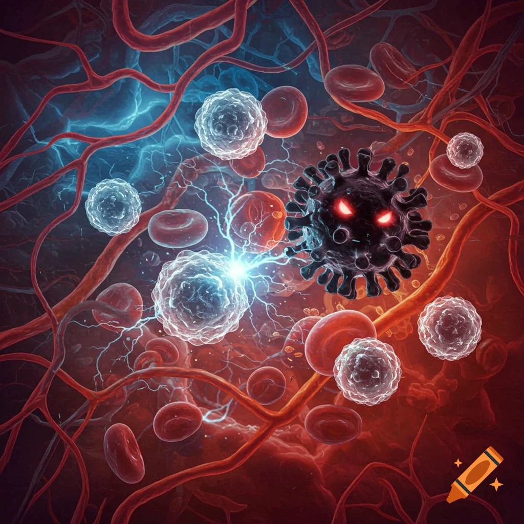 Microscopic view of red and white blood cells, a dark virus with red eyes, and blue electrical discharge within blood vessels.