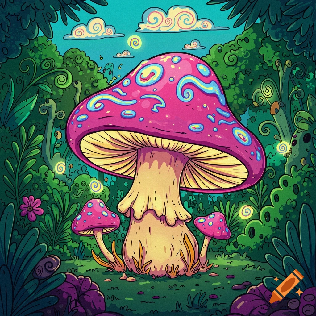 A vibrant cartoon illustration of a large pink and yellow psychedelic mushroom surrounded by smaller mushrooms and glowing plants in a lush, stylized forest.