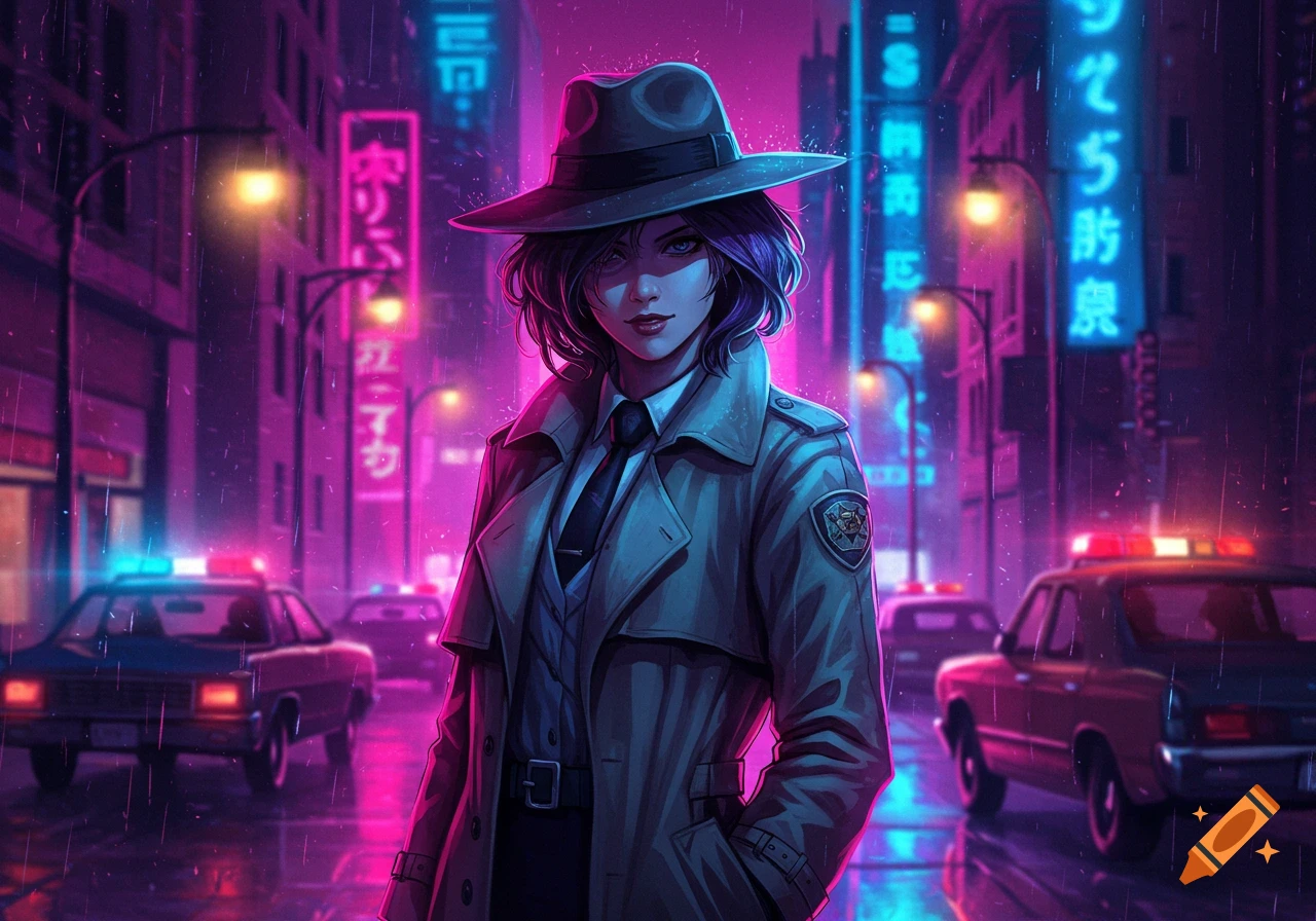 An anime-style woman in a trench coat and fedora stands on a rainy cyberpunk street with neon signs and police cars.