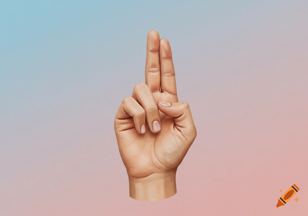 An illustration of a hand making a two-finger gesture against a blue and pink gradient background.