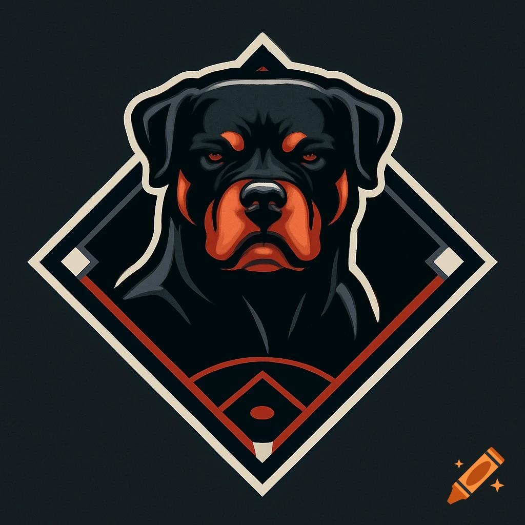 A stylized rottweiler head logo set within a baseball diamond on a dark background.