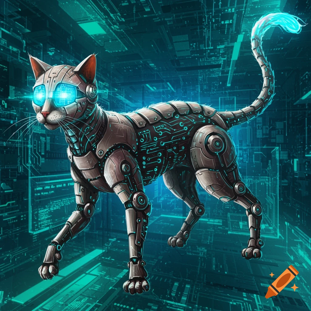 A detailed robotic cat with glowing blue eyes walks through a futuristic digital world with neon circuit patterns.