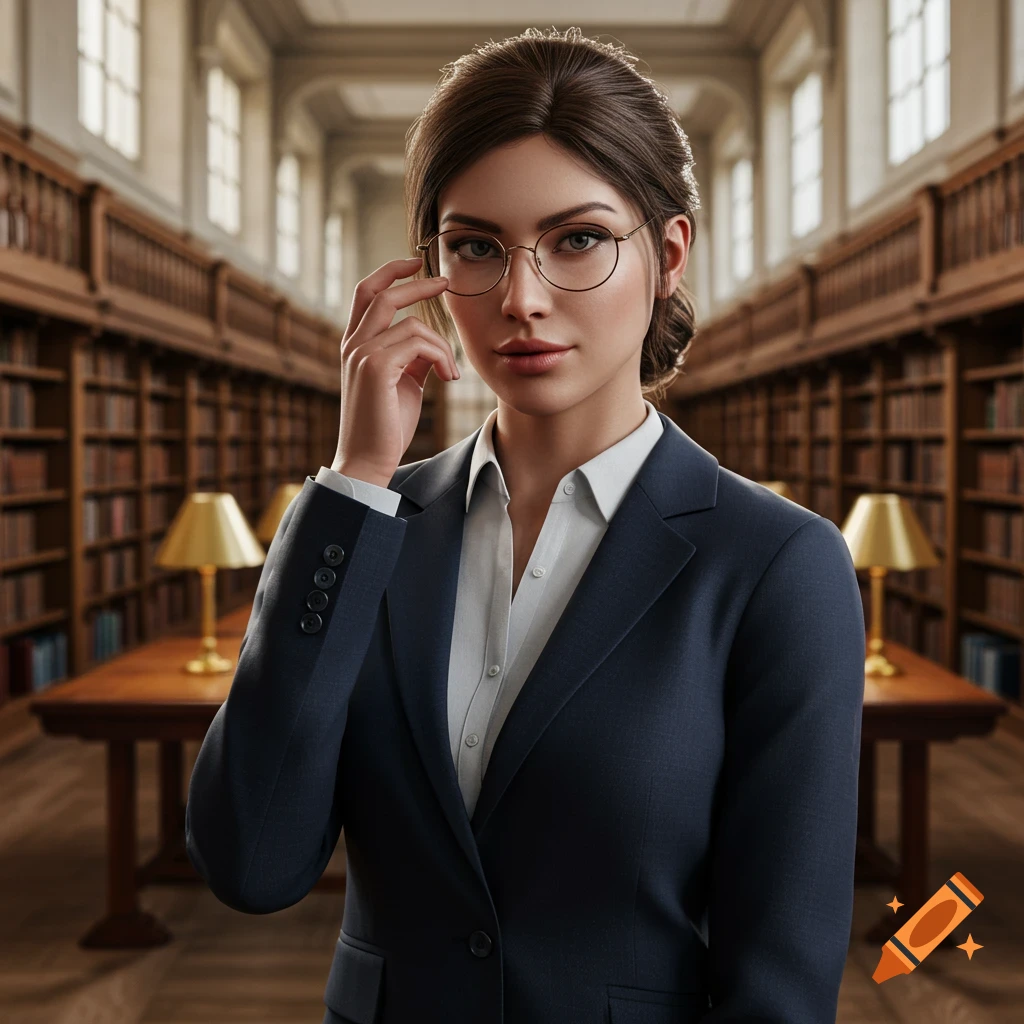 A photorealistic portrait of a young woman with glasses in a dark suit standing in a grand library.