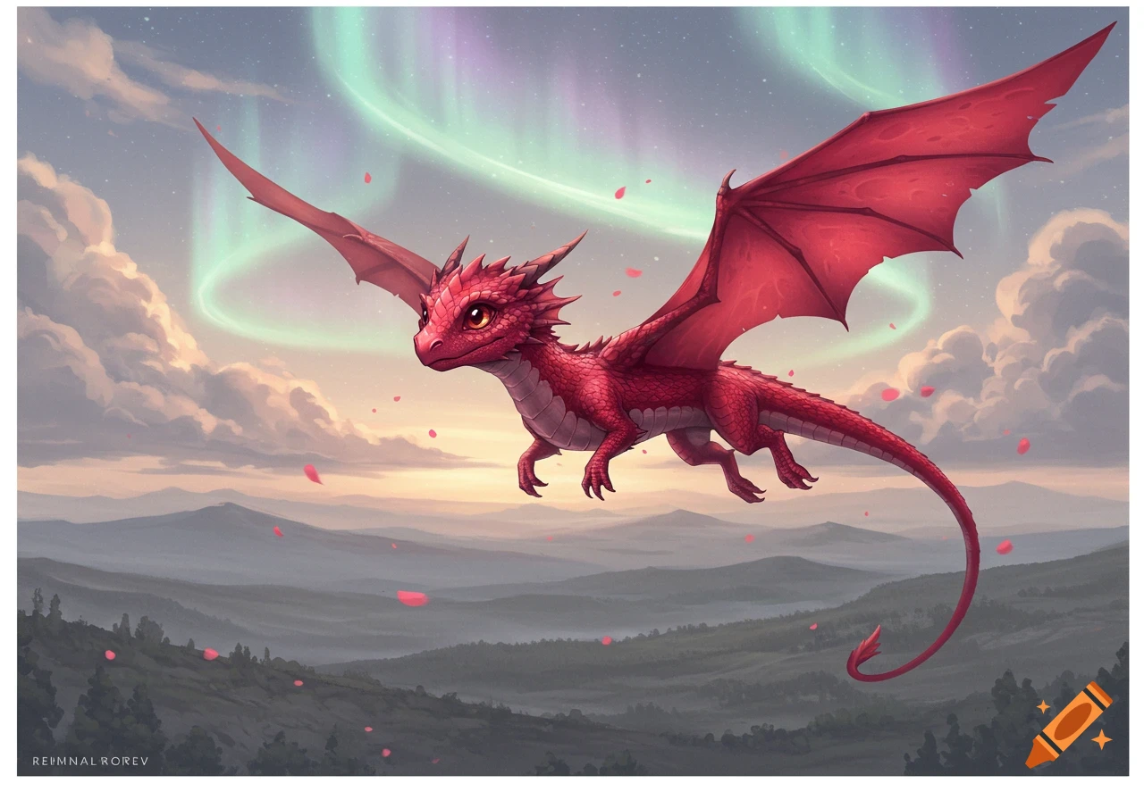 A cute small red dragon flies over a gray mountainous landscape with a colorful aurora borealis in the sky.