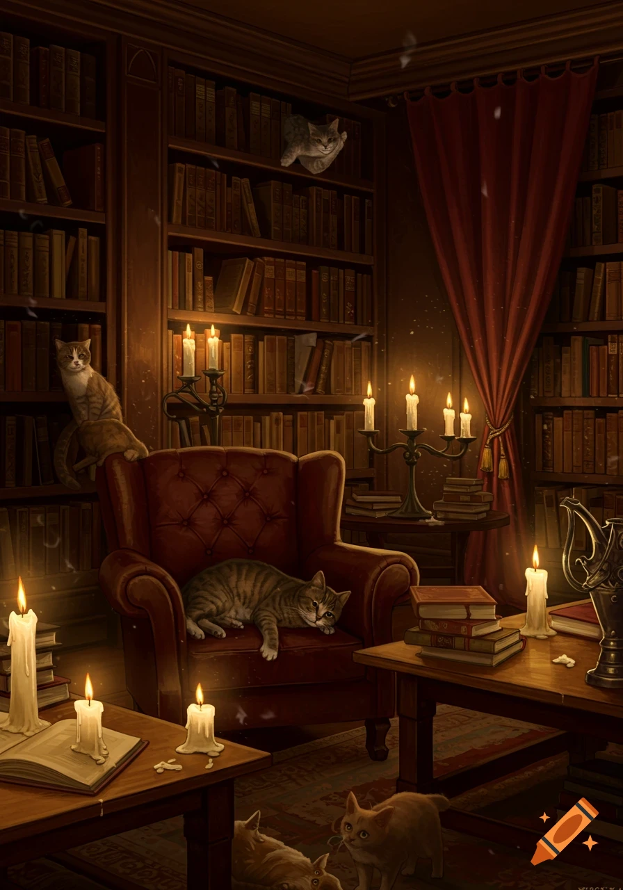 Cozy library interior at night, illuminated by candles, with several cats lounging among bookshelves and an armchair. Digital art style.