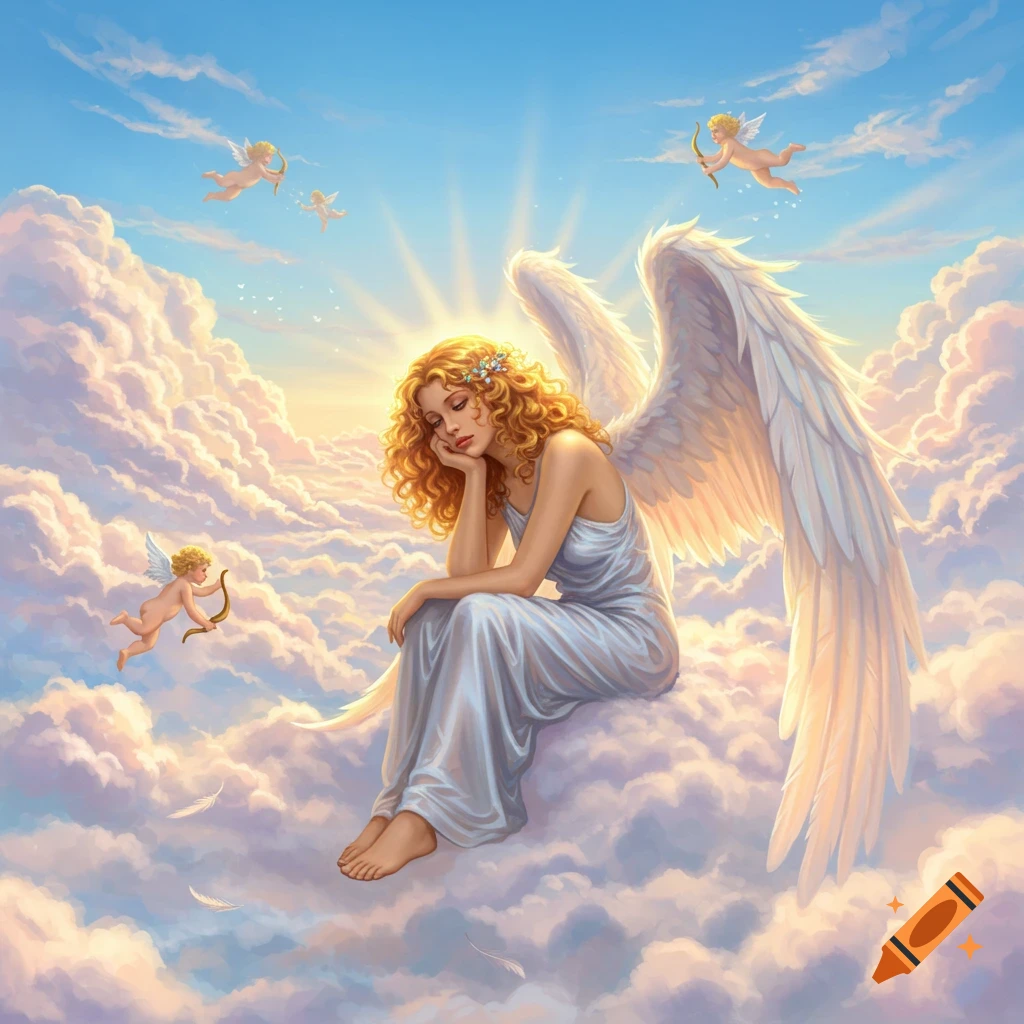 A golden-haired angel sits thoughtfully on a cloud with white wings, as cherubs fly in a bright, painterly sky.