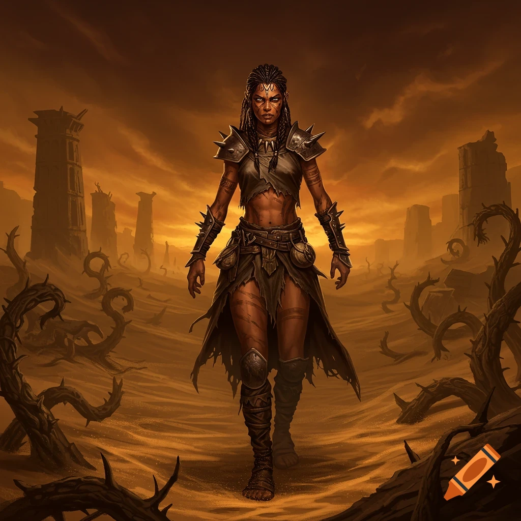 A fierce Amazonian warrior with dreadlocks, scars, and tattoos walks through a desolate desert wasteland with ruins.