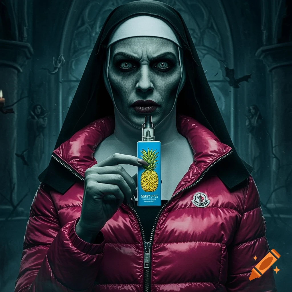 A terrifying nun with glowing eyes wears a pink puffer jacket and holds a blue vape with a pineapple design in a dark, gothic setting.
