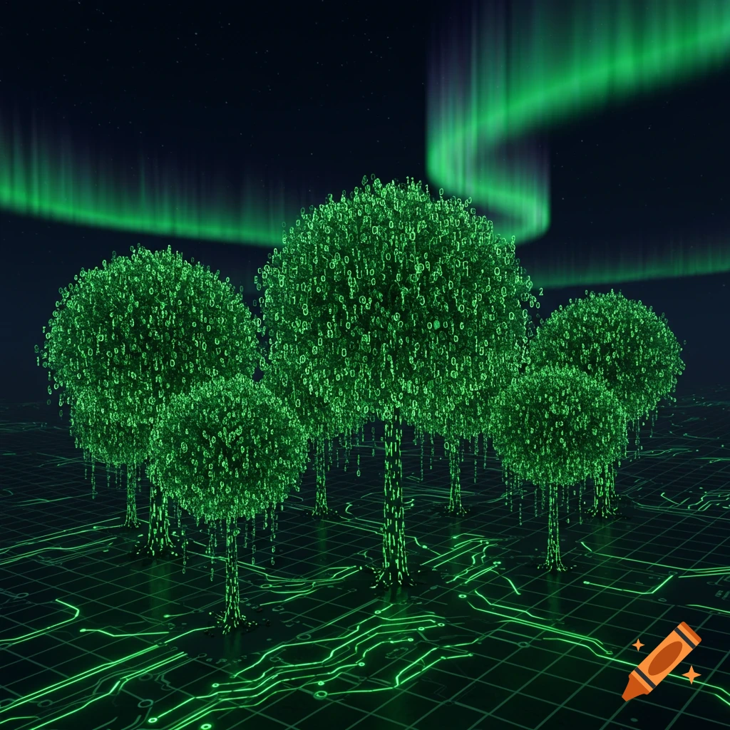 Green trees made of binary code stand on a glowing circuit board landscape under a night sky with aurora borealis.