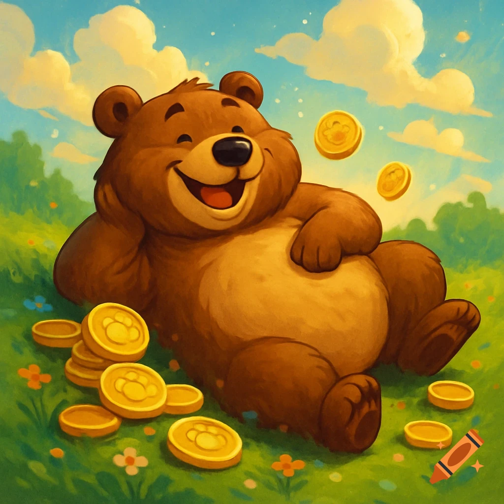 A happy cartoon bear lies on green grass, surrounded by gold coins, under a blue sky with clouds. Illustration style.