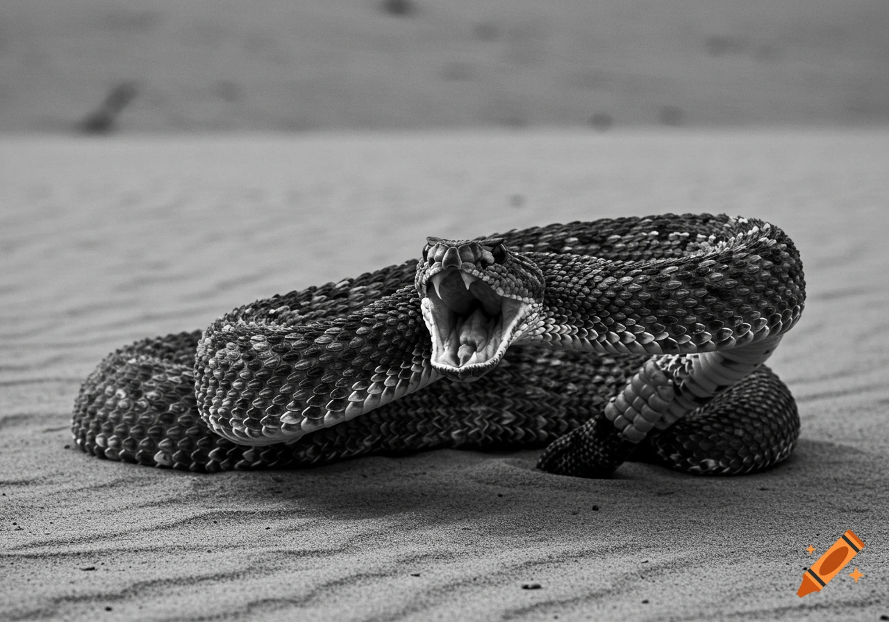 A black and white close-up of a rattlesnake coiled in the desert, mouth open with fangs visible, as if ready to strike.