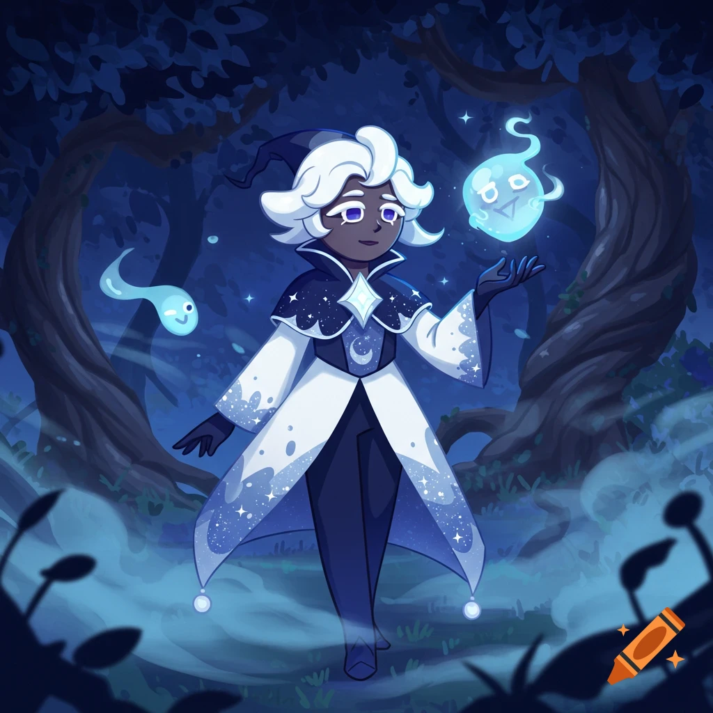A cartoon character in a dark blue and white starry robe stands in a misty, dark forest with glowing blue spirits.