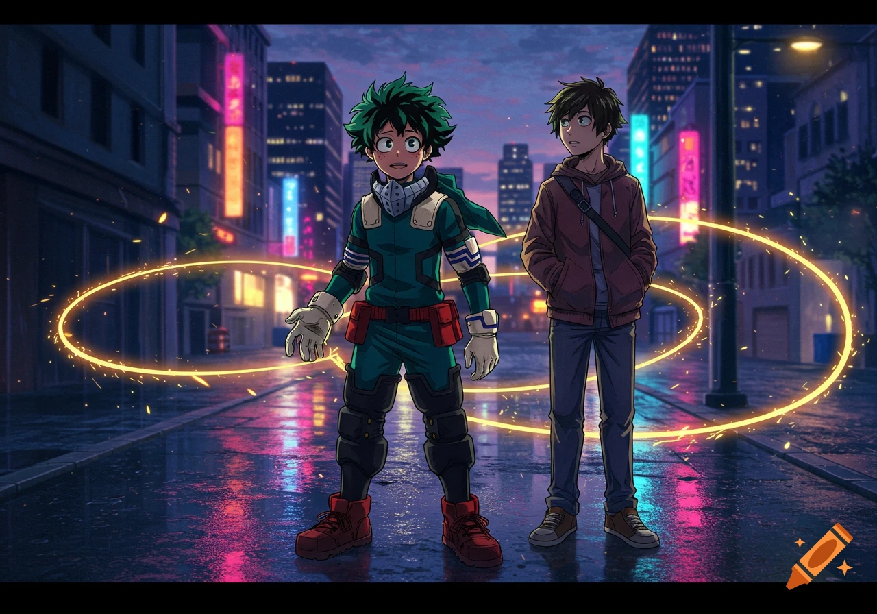 Two young anime males, one in a green hero suit with glowing rings, stand on a wet city street at night with neon reflections.