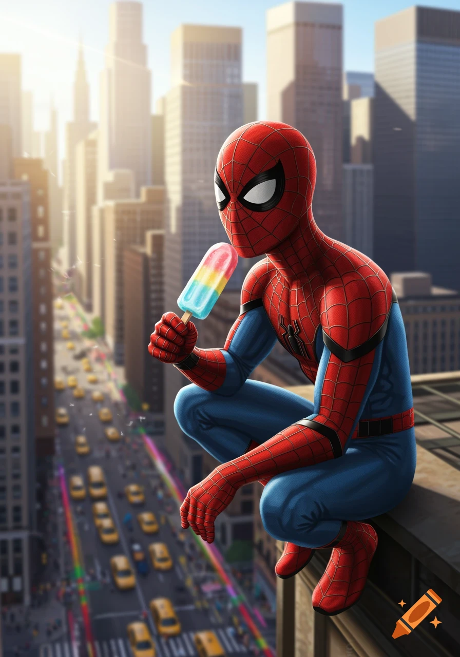 Spider-Man in his classic suit sits on a building ledge, eating a rainbow popsicle overlooking a city street.