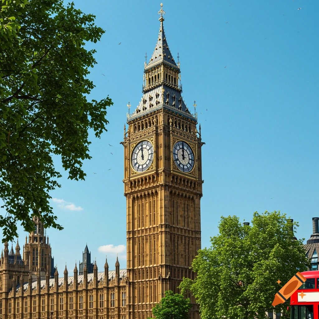 Photorealistic view of Big Ben (Elizabeth Tower) in London on a clear day, with Parliament, green trees, and a red double-decker bus.