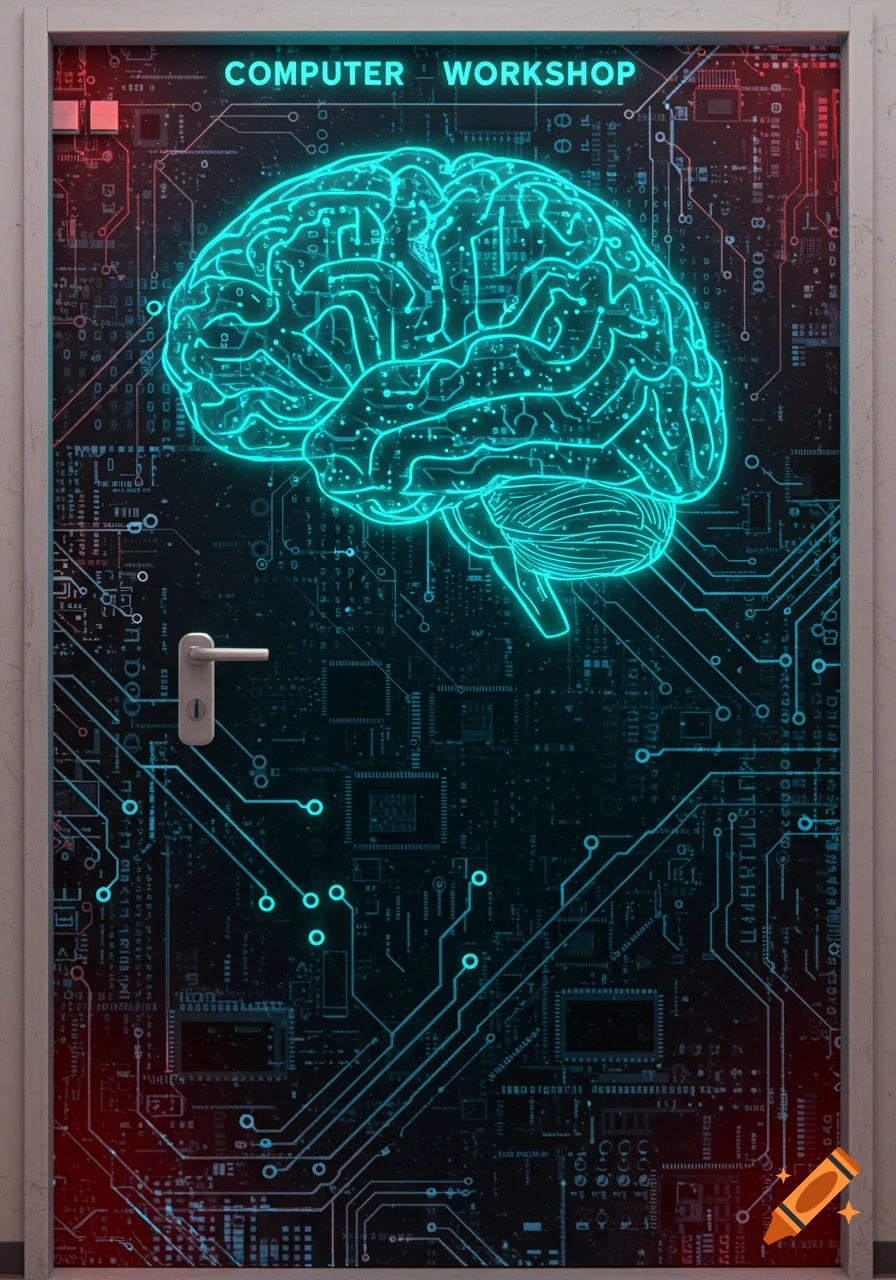 A futuristic door with glowing blue circuit patterns and a large neon brain graphic, featuring the text 'COMPUTER WORKSHOP'.