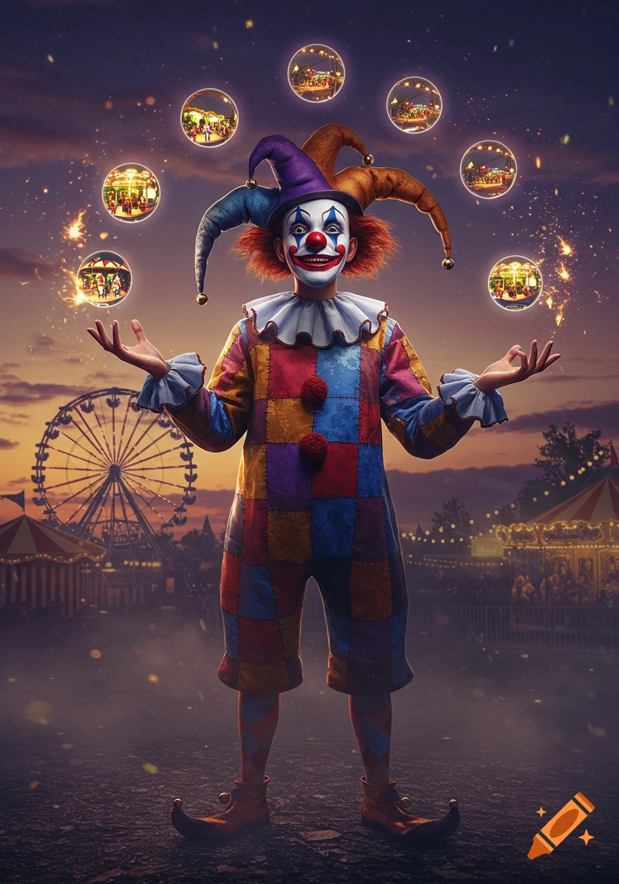 A colorful clown in a patchwork suit stands at a carnival at dusk, juggling glowing orbs with scenes of the fair inside, a Ferris wheel in the background.