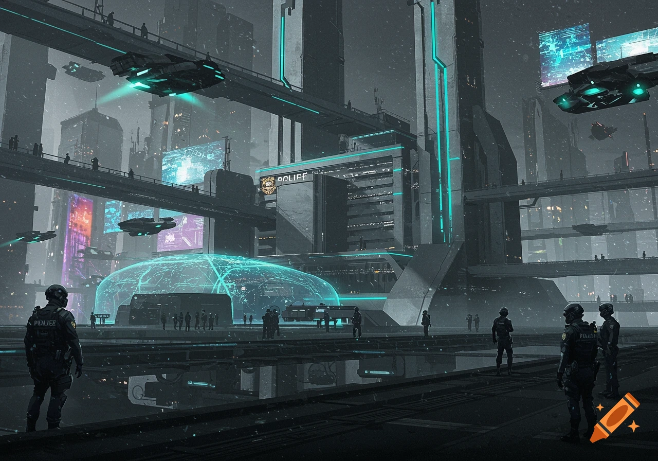 Sci-fi cityscape at night with a futuristic police headquarters, flying vehicles, and police officers on duty, in a photorealistic style.