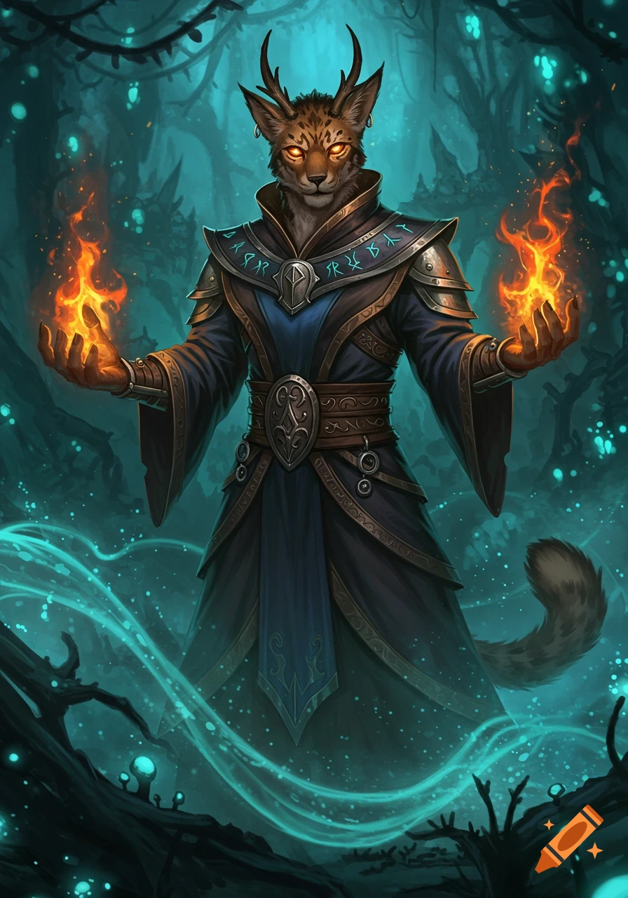 A cat-like warlock with glowing orange eyes and small horns stands in a dark teal forest, casting fire magic from his hands.