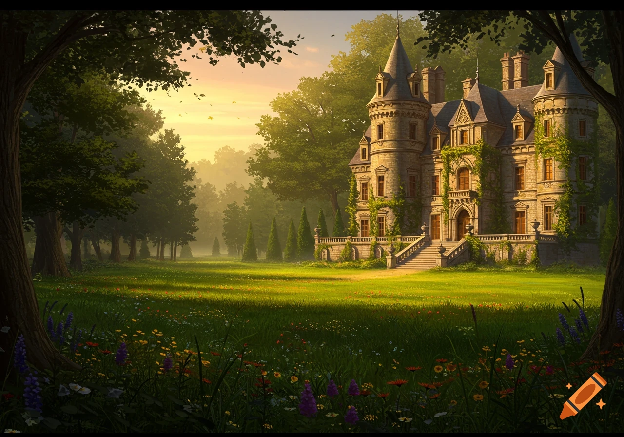 A grand stone chateau nestled in a lush green forest at sunset, with a vibrant wildflower meadow in the foreground.