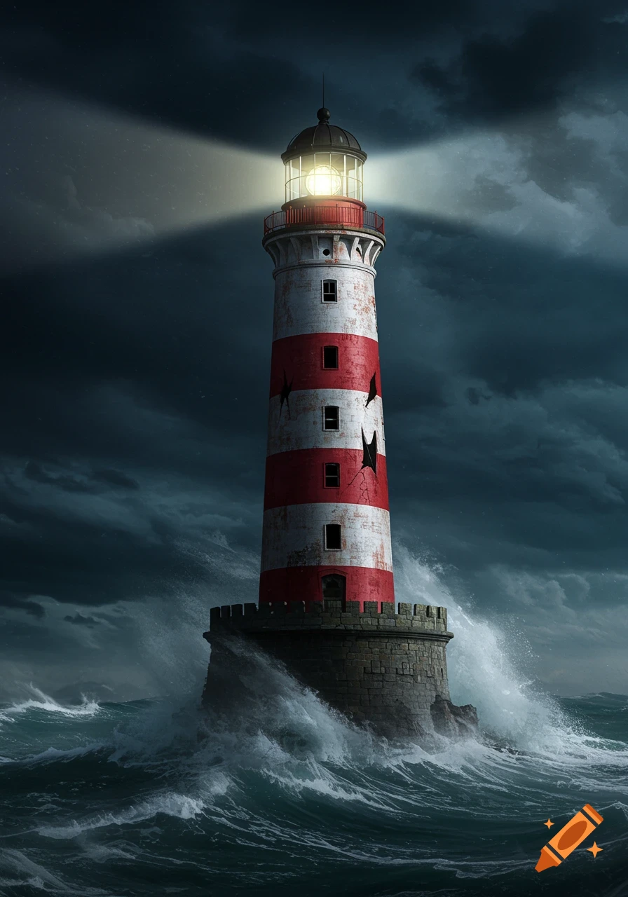 A weathered red and white striped lighthouse stands battered by crashing waves in a dark, stormy ocean, its light beaming.