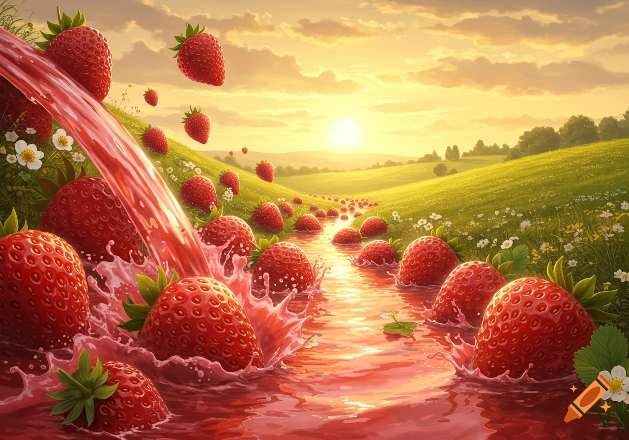 Illustrative scene of large red strawberries flowing down a stream of strawberry juice through a bright green field at sunset.