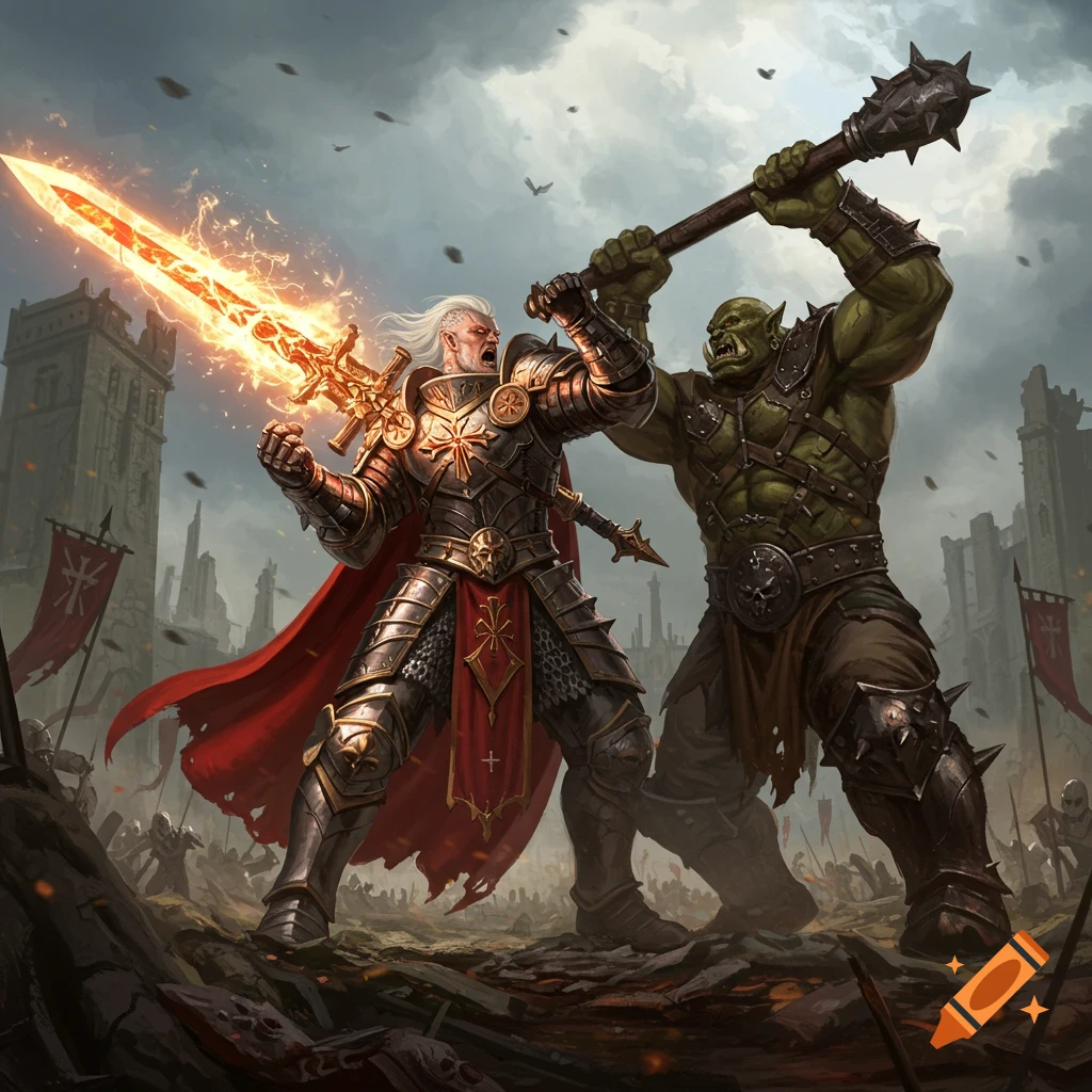 A fantasy warrior with a flaming sword fighting a large green orc in a war-torn battlefield.