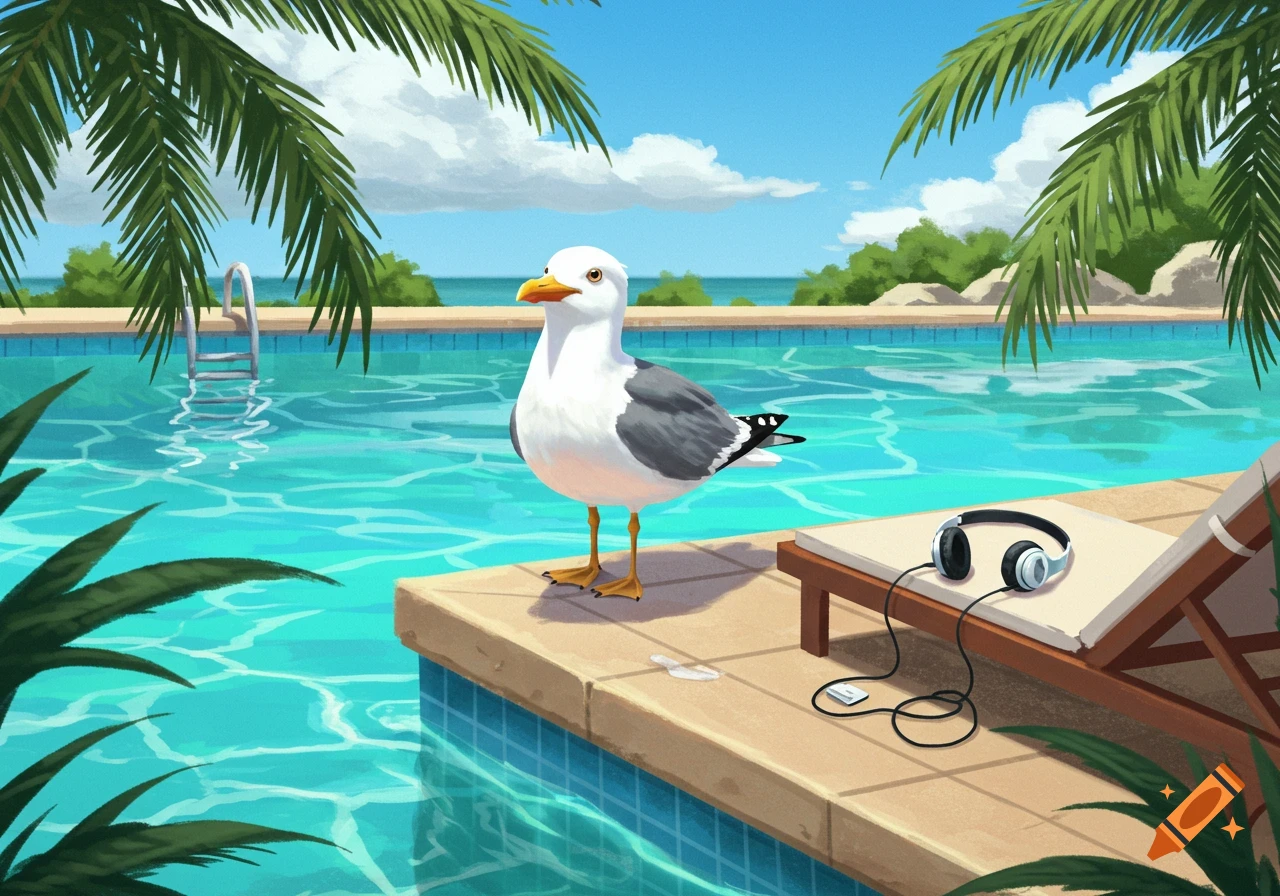 An illustrated seagull stands by a bright blue swimming pool, with headphones and a lounge chair nearby under palm fronds.