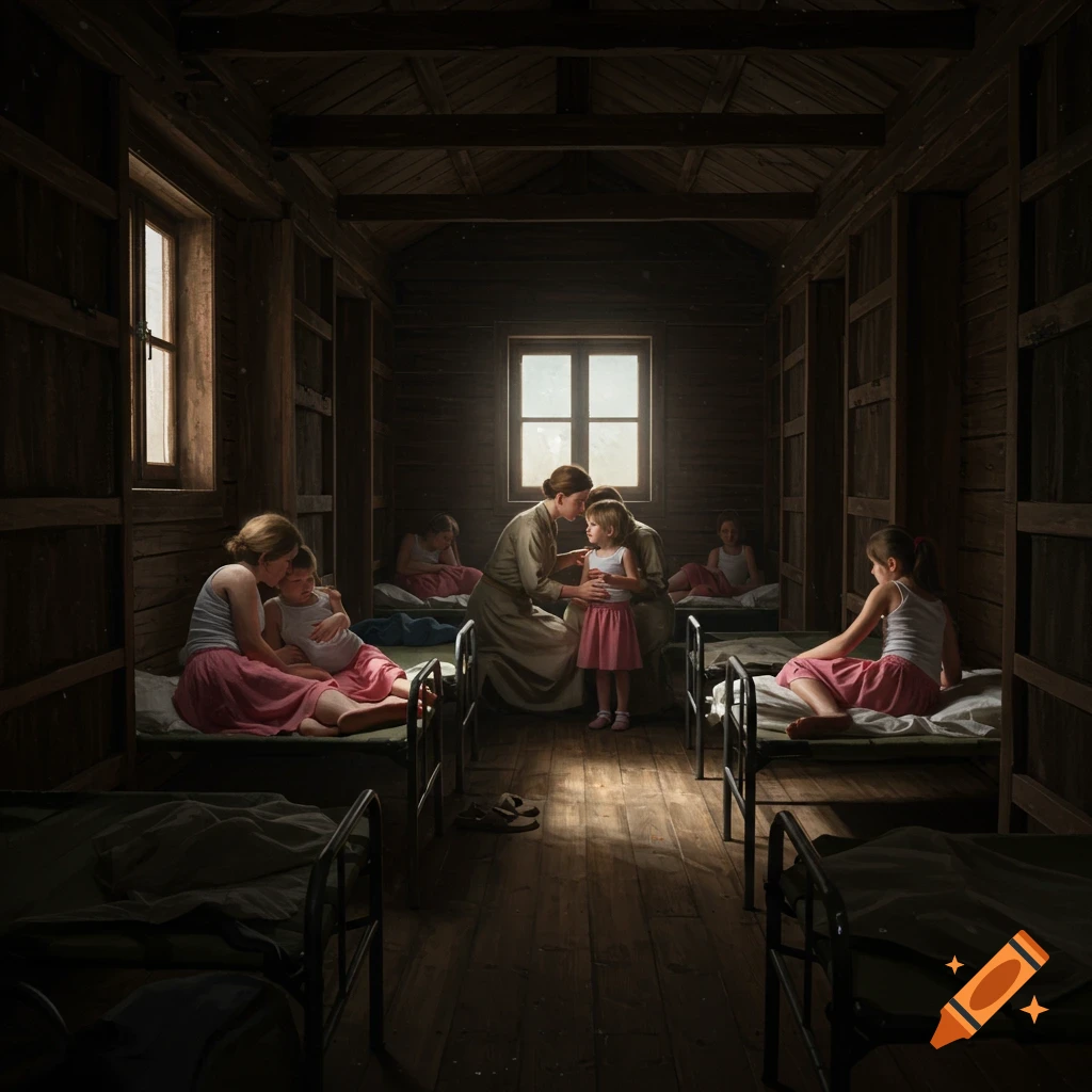 Mothers and daughters snuggle on cots in a rustic, moonlit barracks cabin with exposed wooden beams.